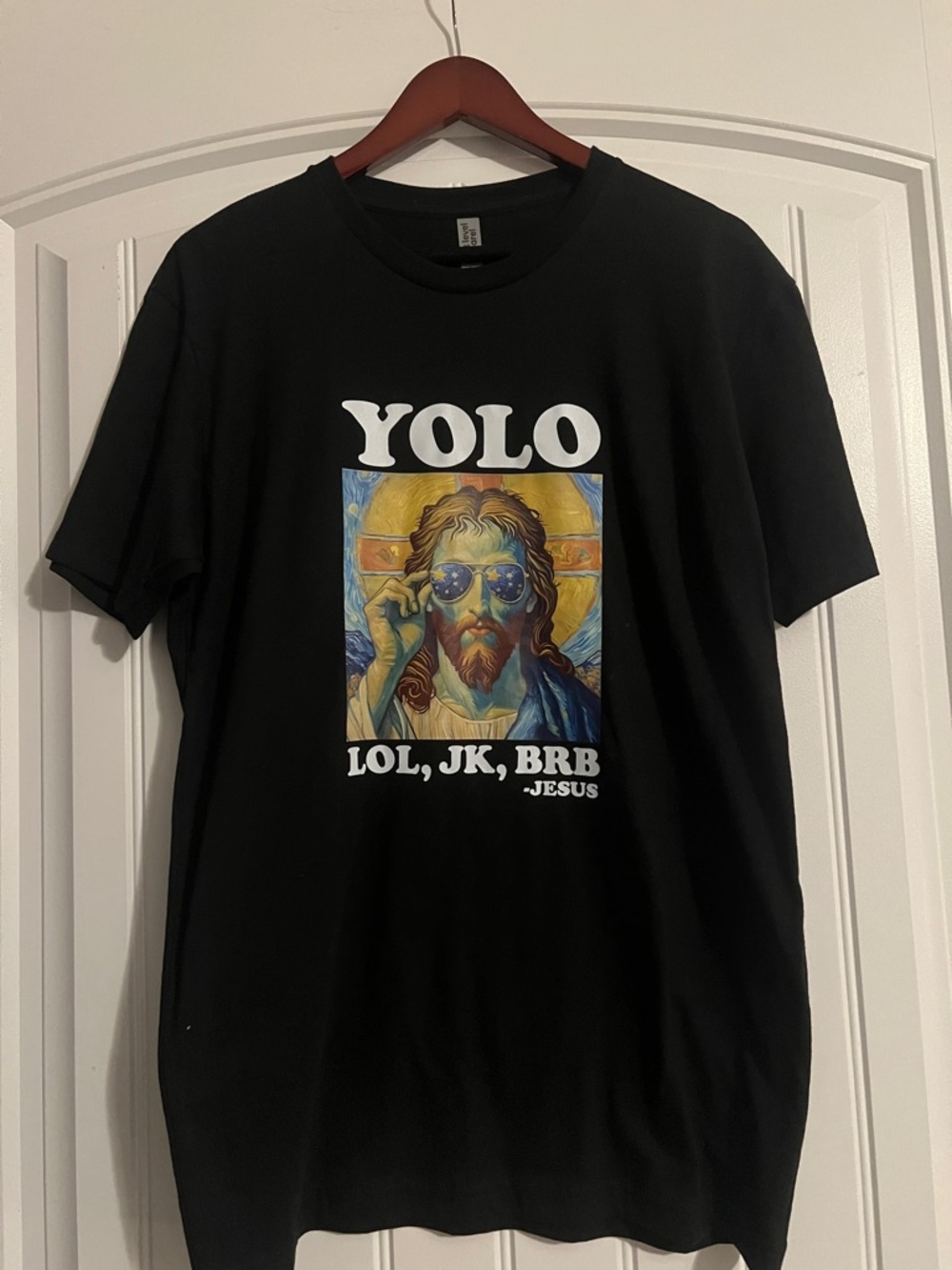 YOLO LOL, JK, BRB, Jesus T Shirt Medium